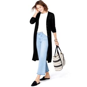 NEW! J. Jill Linen Blend Button Front Duster Cardigan Black SZ L